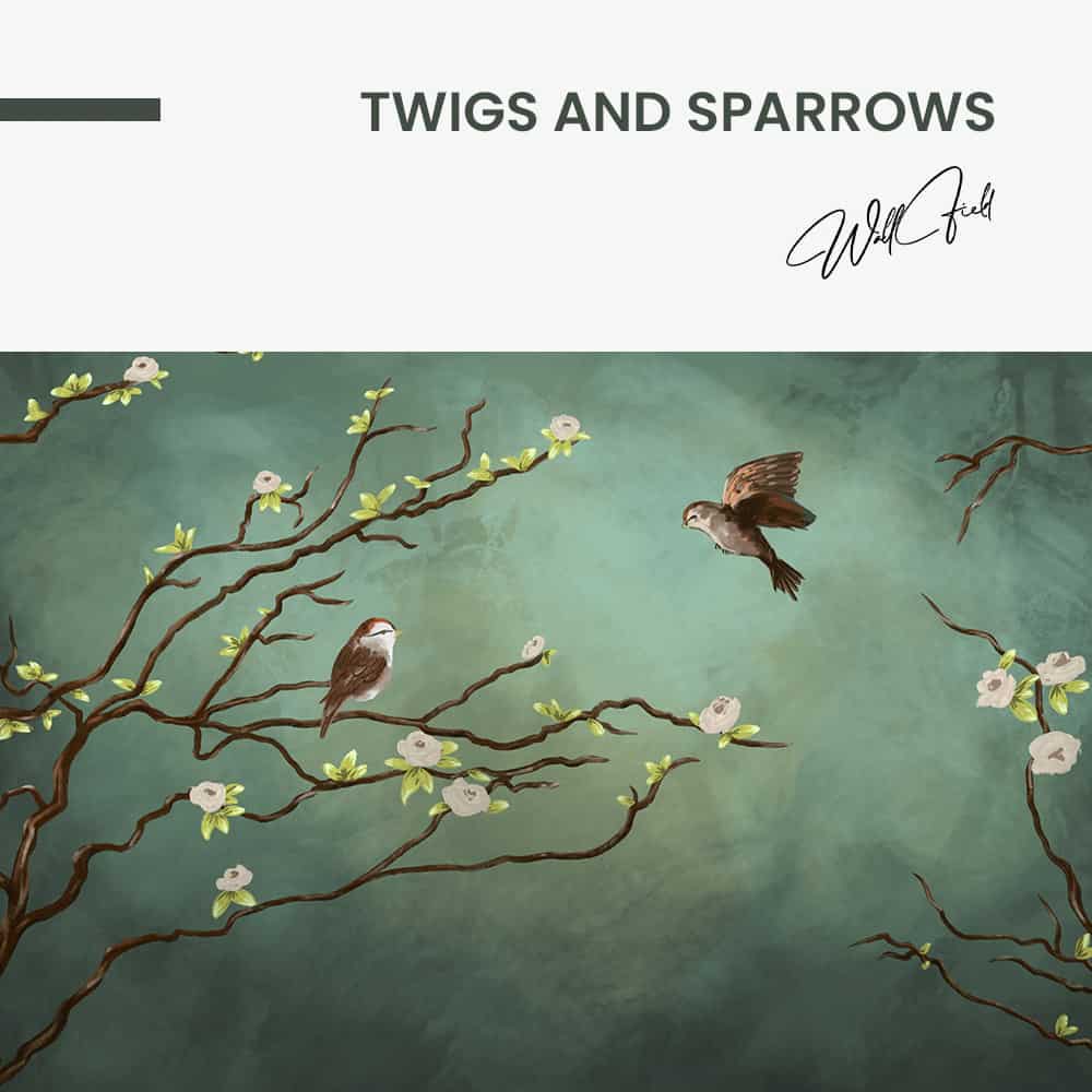 Twigs and Sparrows - Muurcirkel Dibond