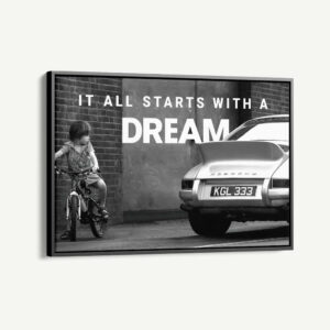 it all starts with a dream quote kind met auto zwart wit schilderij