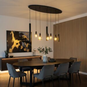 Design Hanglamp 8-lichts – Zwart & Amber Glas – 140 cm
